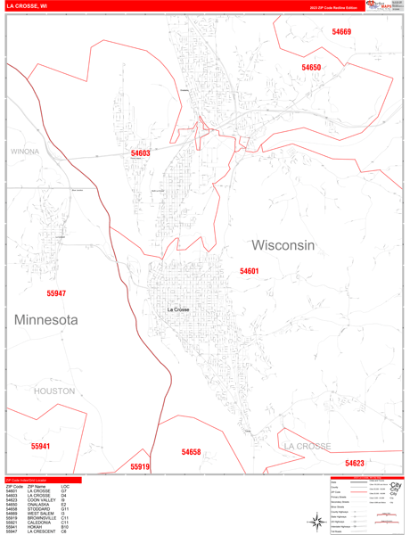 La Crosse City Digital Map Red Line Style